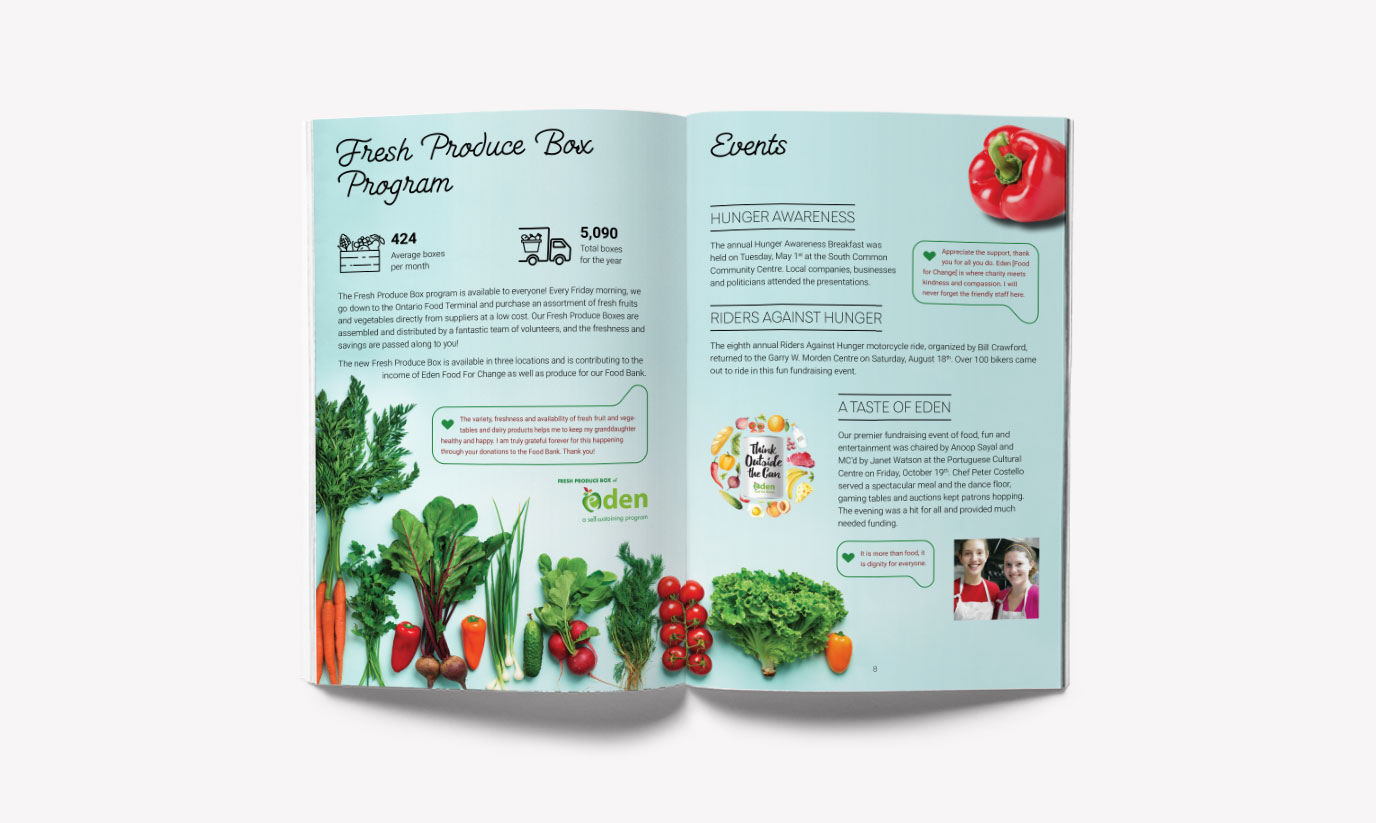  An inside spread highlighting information for Fresh Product Box Program and Events for the Eden Food for Change 2018 Impact Report.