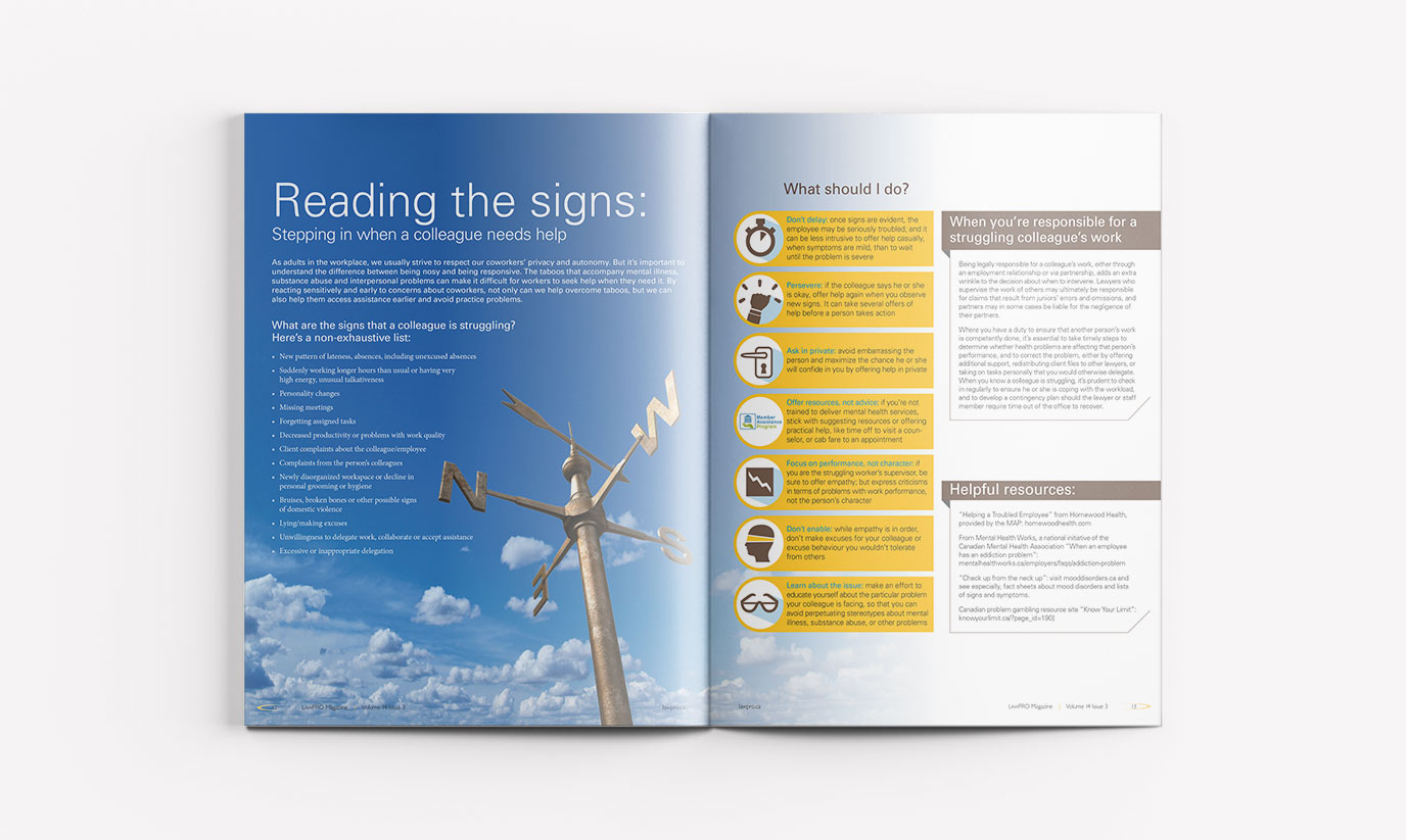 An inside spread of the LAWPRO Magazine Volume 14 issue 3. The spread displays a full image spread layouted with the body text, sidebars and icon graphics designed together with explained text.