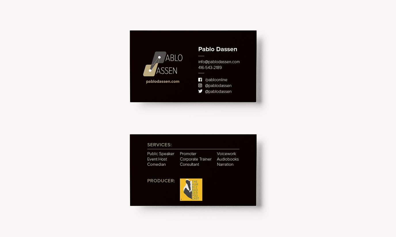 Business card design for Pablo Dassen, front and back.