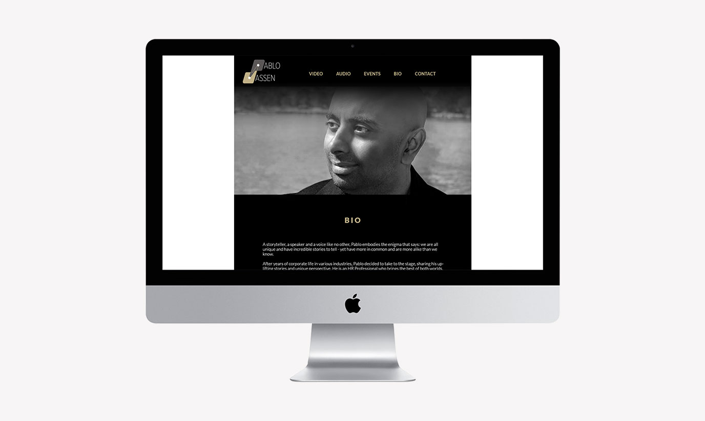 The Pablo Dassen website, bio page, displayed on desktop.