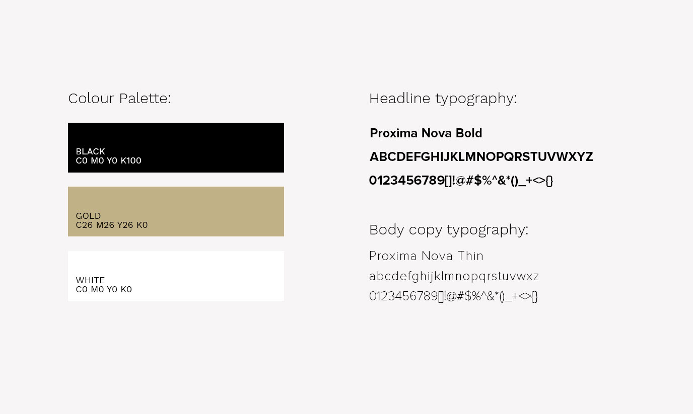 Design elements for Pablo Dassen branding. The colour palette consist of black, gold and white. The type choosen is Proxima Nova Bold for the header and Proxima Nova Thin for body copy.