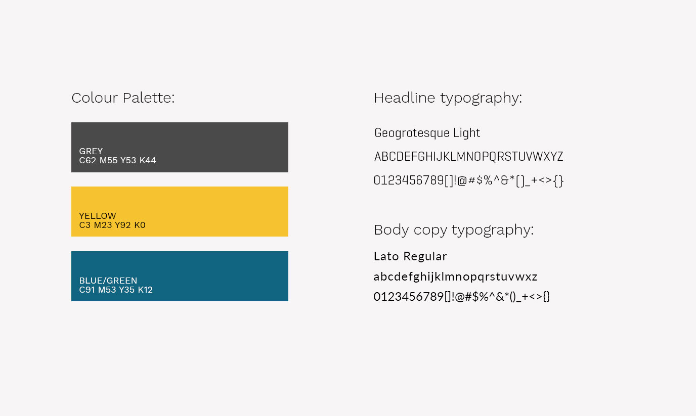 Design elements for The Humble Badger Podcast branding. The colour palette consists grey, yellow, and blue-green. The type used for header is Geogrotesque Light and the body copy type is Lato Regular.