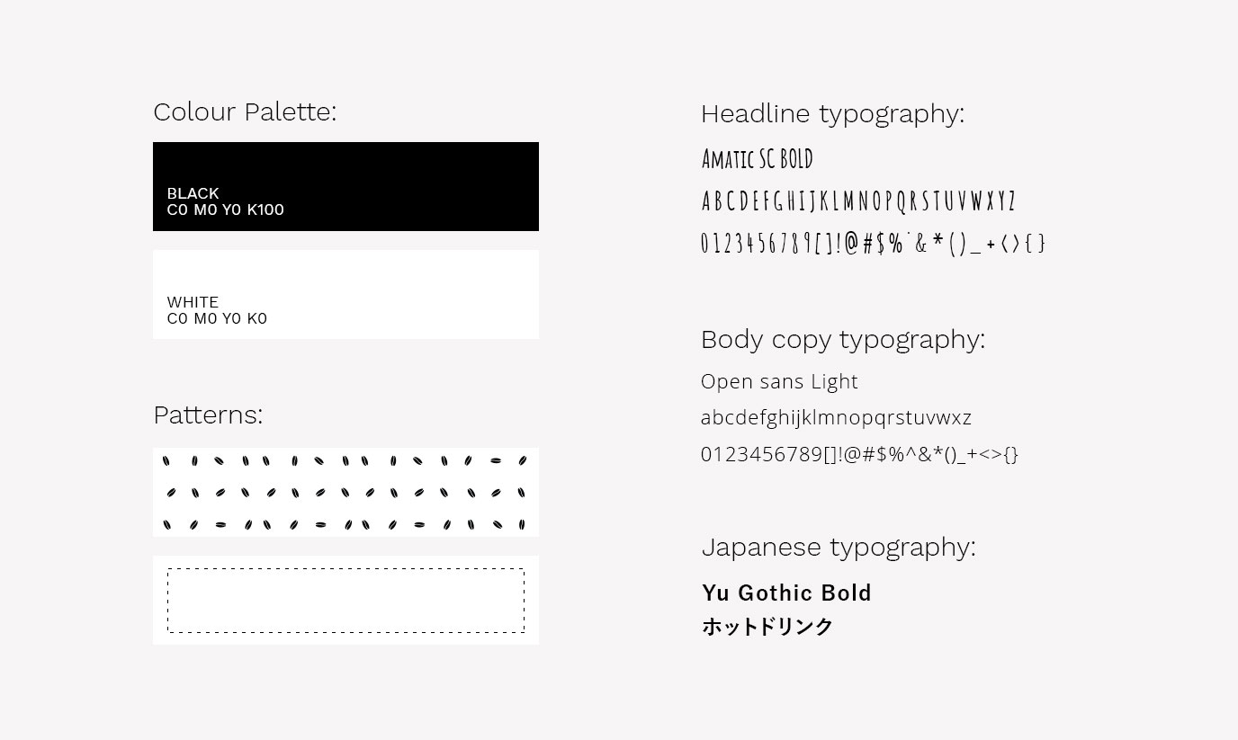 Design elements for Wander with Wonder. The colour palette consists of black and white. Coffee bean and dotted line patterns were also introduced into the branding. The header font is Amatic SC Bold, the body copy type is Open Sans Light and the Japanese font used is Yu Gothic Bold.
