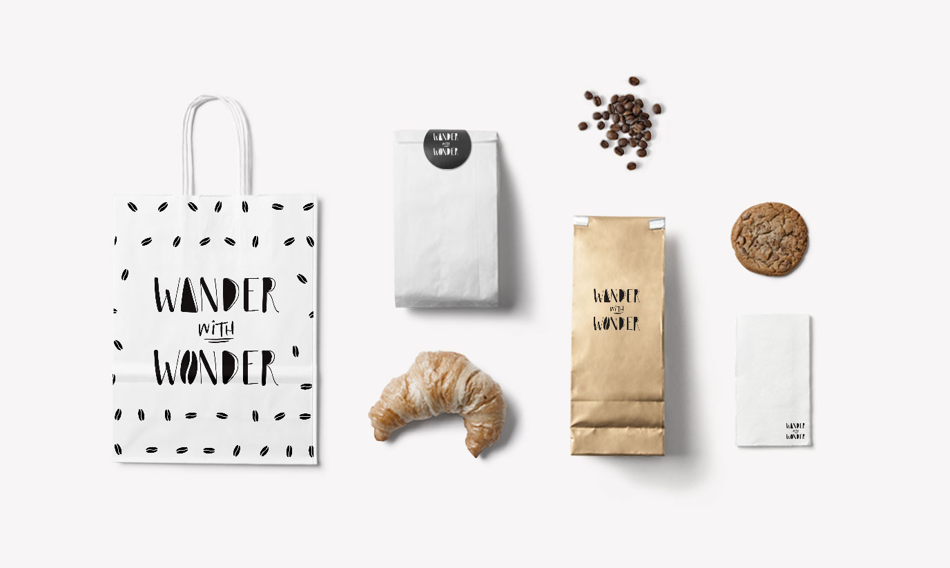 Take out bag, food bag, coffee bag and napkin design for Wander with Wonder.